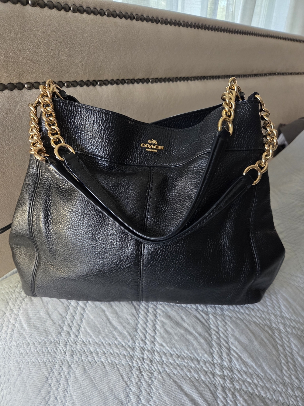 COACH Black Pebbled Leather Shoulder Bag with Gold Chain